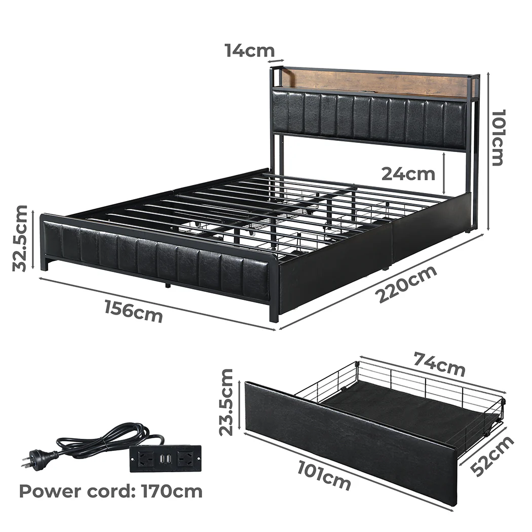 Levede Queen Bed Frame PU 4 Drawer USB Charge - Image 2