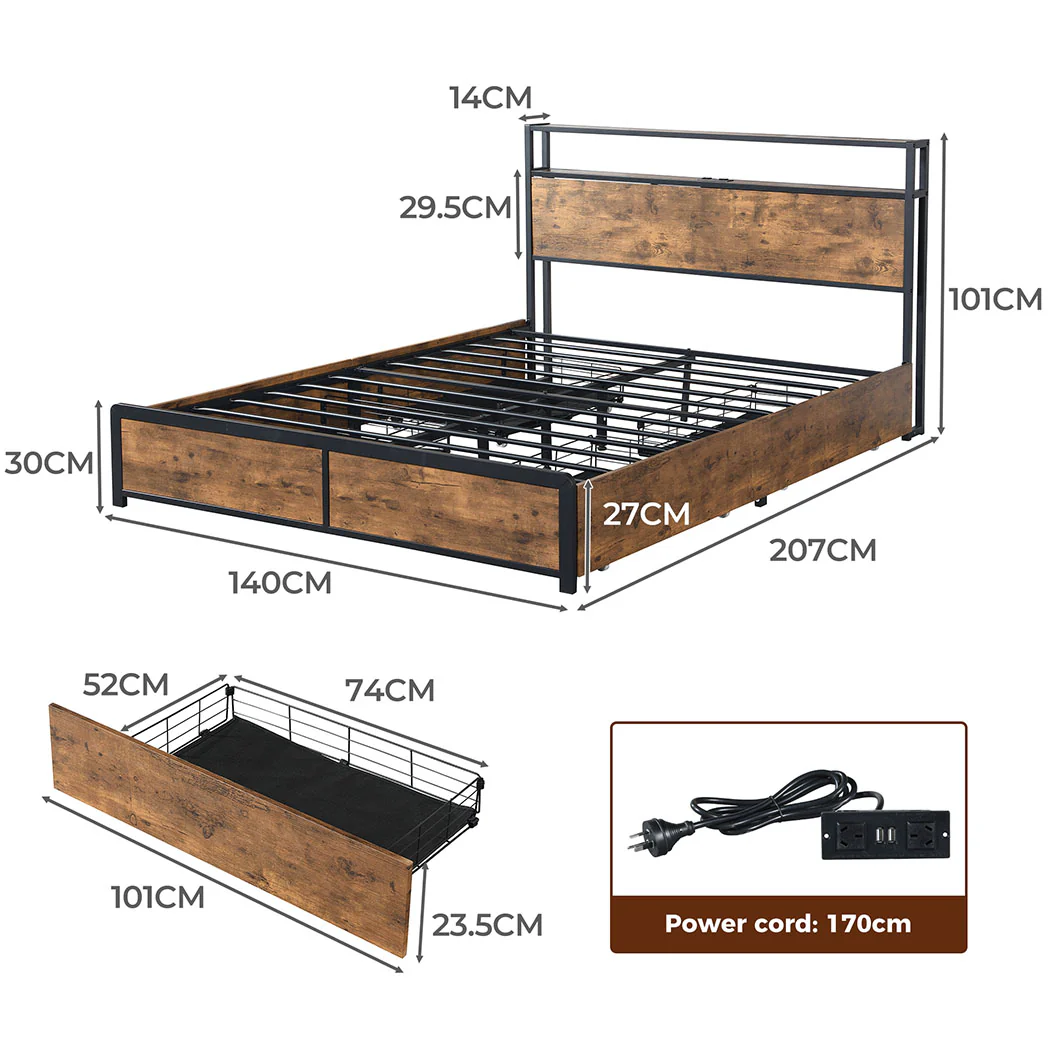 Levede Double Bed Frame RGB LED 4 Drawers USB - Image 2