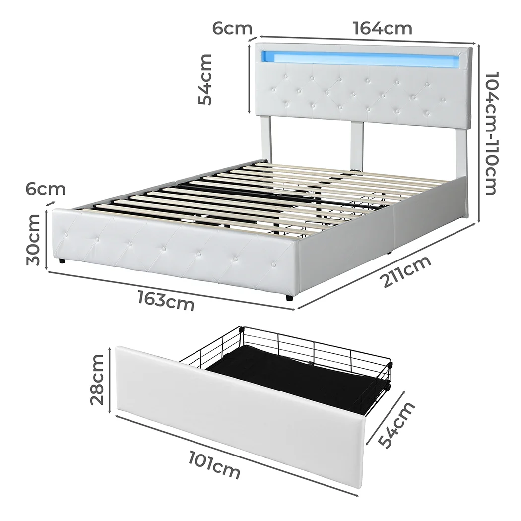 Levede Queen Bed Frame RGB LED PU 4 Drawer USB - Image 2