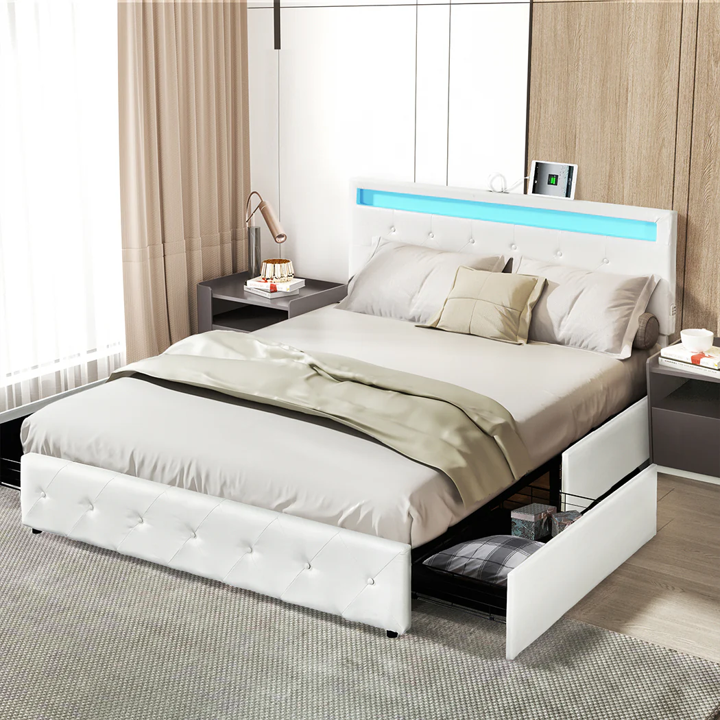 Levede Queen Bed Frame RGB LED PU 4 Drawer USB - Image 7
