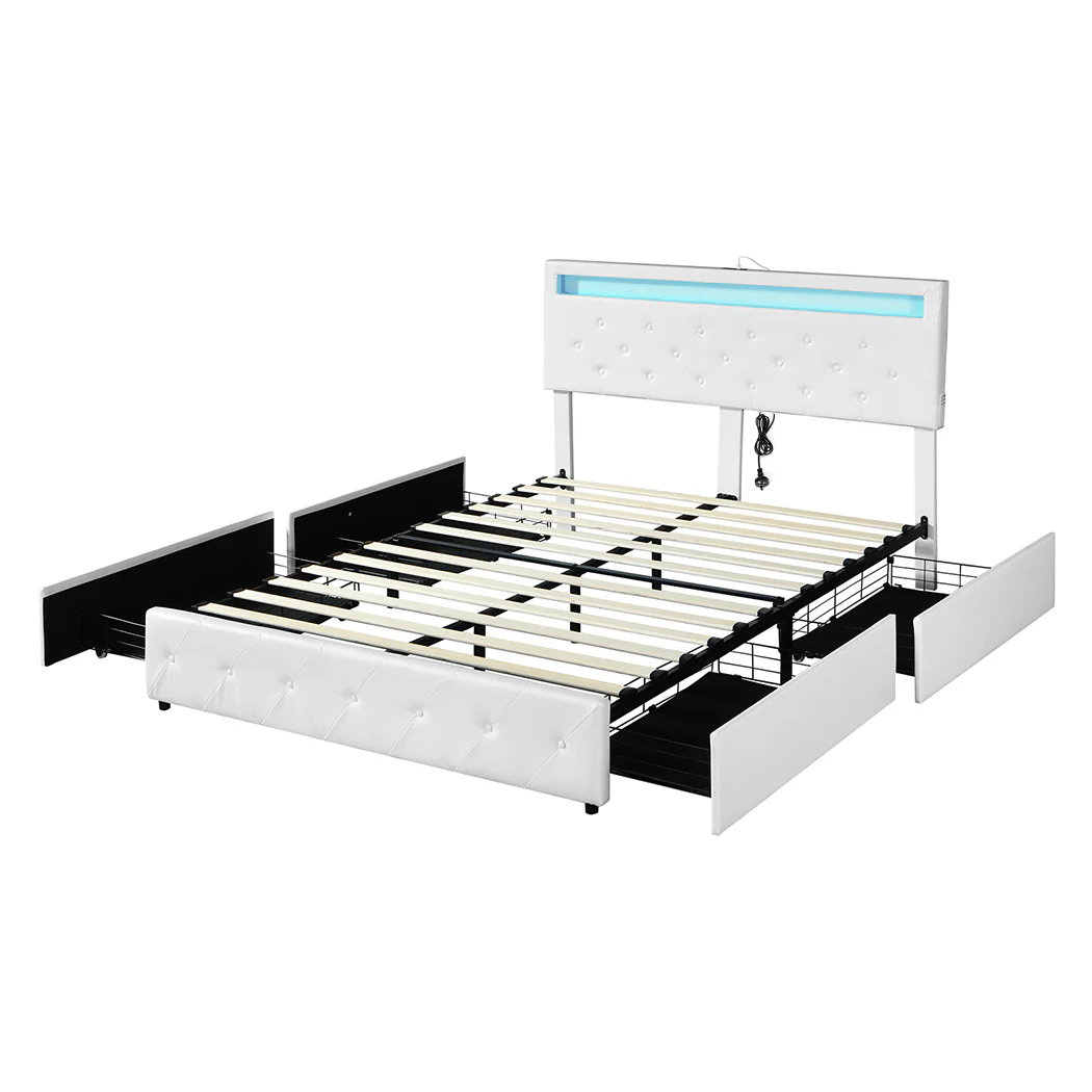 Levede Queen Bed Frame RGB LED PU 4 Drawer USB - Image 8