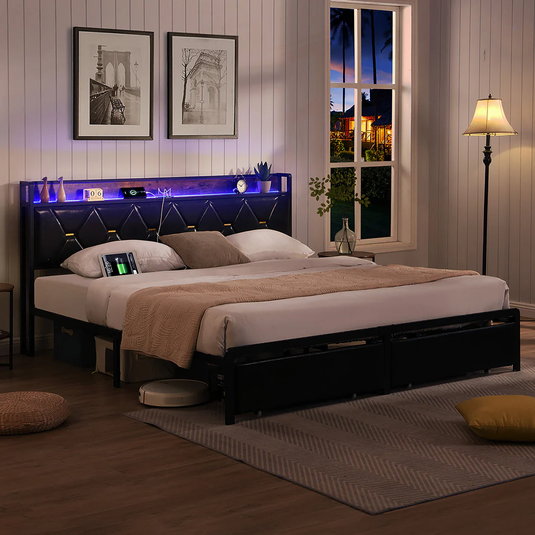 Levede Queen Metal Bed Frame LED Lights 2 Drawers - Image 6