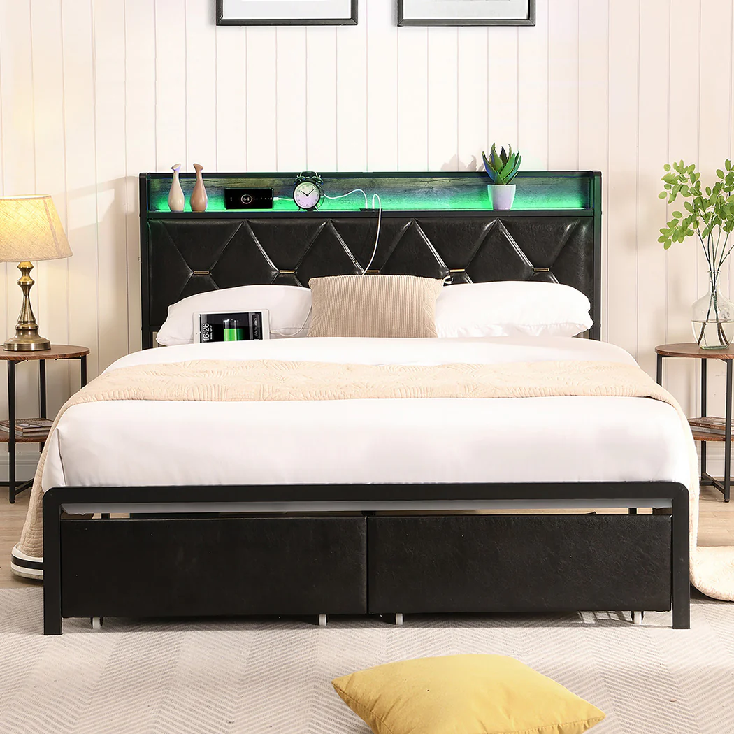 Levede Queen Metal Bed Frame LED Lights 2 Drawers - Image 7