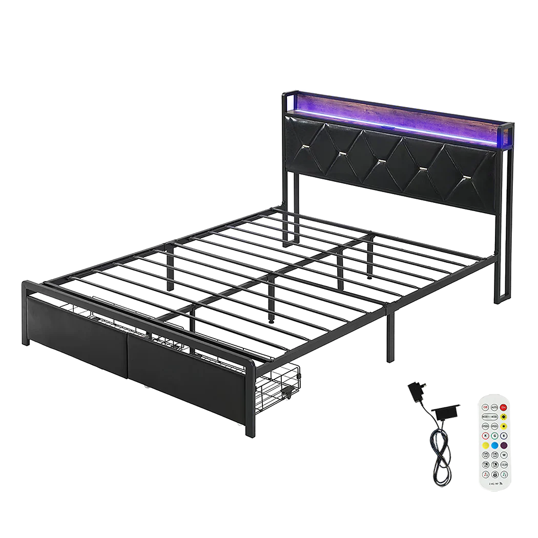 Levede Queen Metal Bed Frame LED Lights 2 Drawers - Image 8