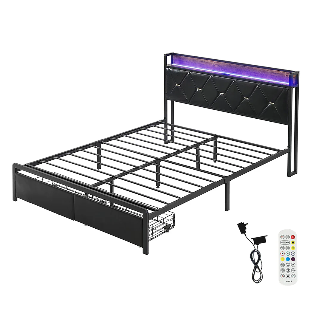 Levede Queen Metal Bed Frame LED Lights 2 Drawers - Image 9