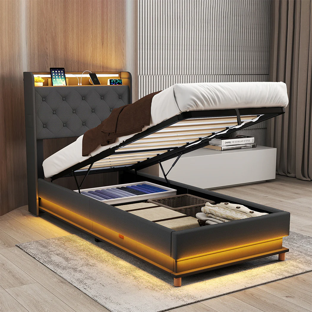 Levede Single Bed Frame Gas Lift Storage LED Light USB - Image 7