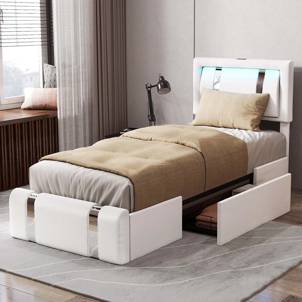 Levede Single Bed Frame Leather Headboard RGB 2 Drawers - Image 7