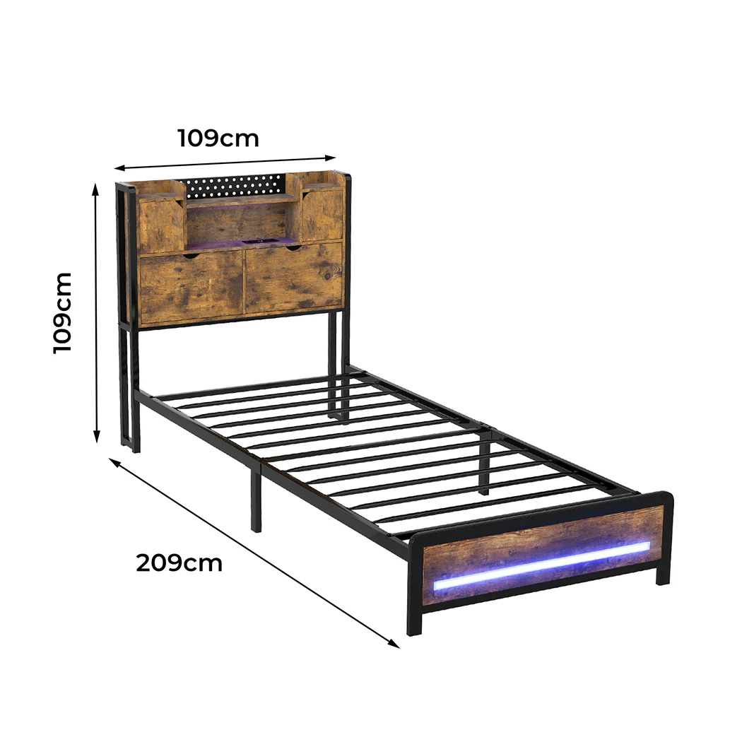 Levede Single Bed Frame Storage Headboard Industrial - Image 2