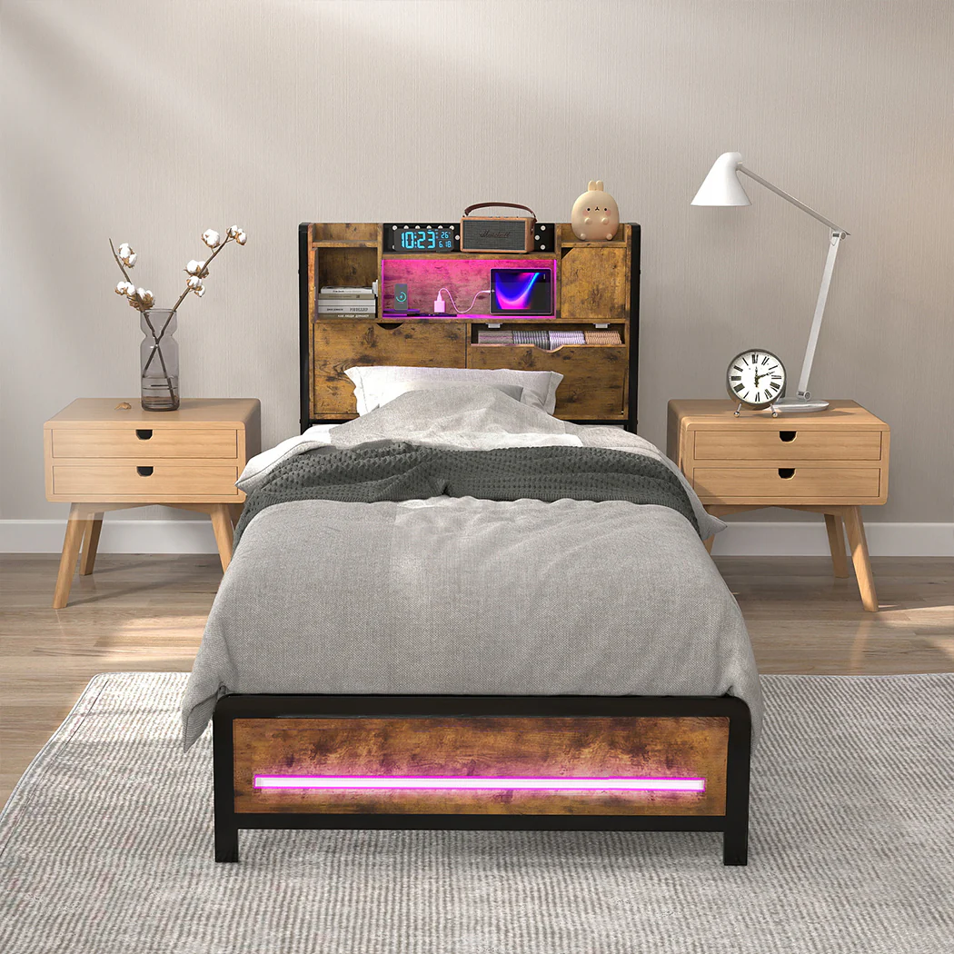 Levede Single Bed Frame Storage Headboard Industrial - Image 7