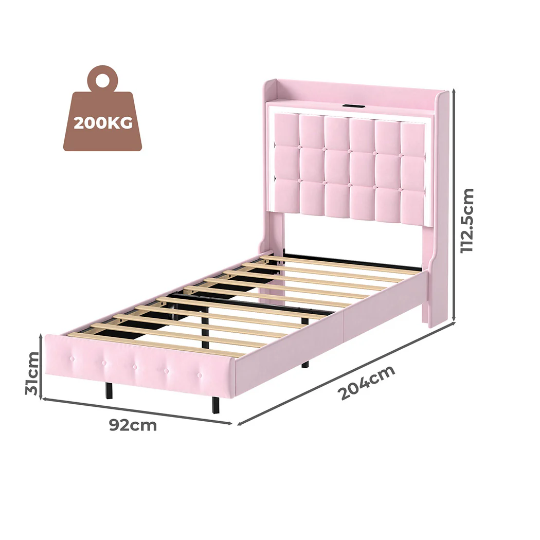 Levede Single Floating Bed Frame LED Headboard USB Pink - Image 2