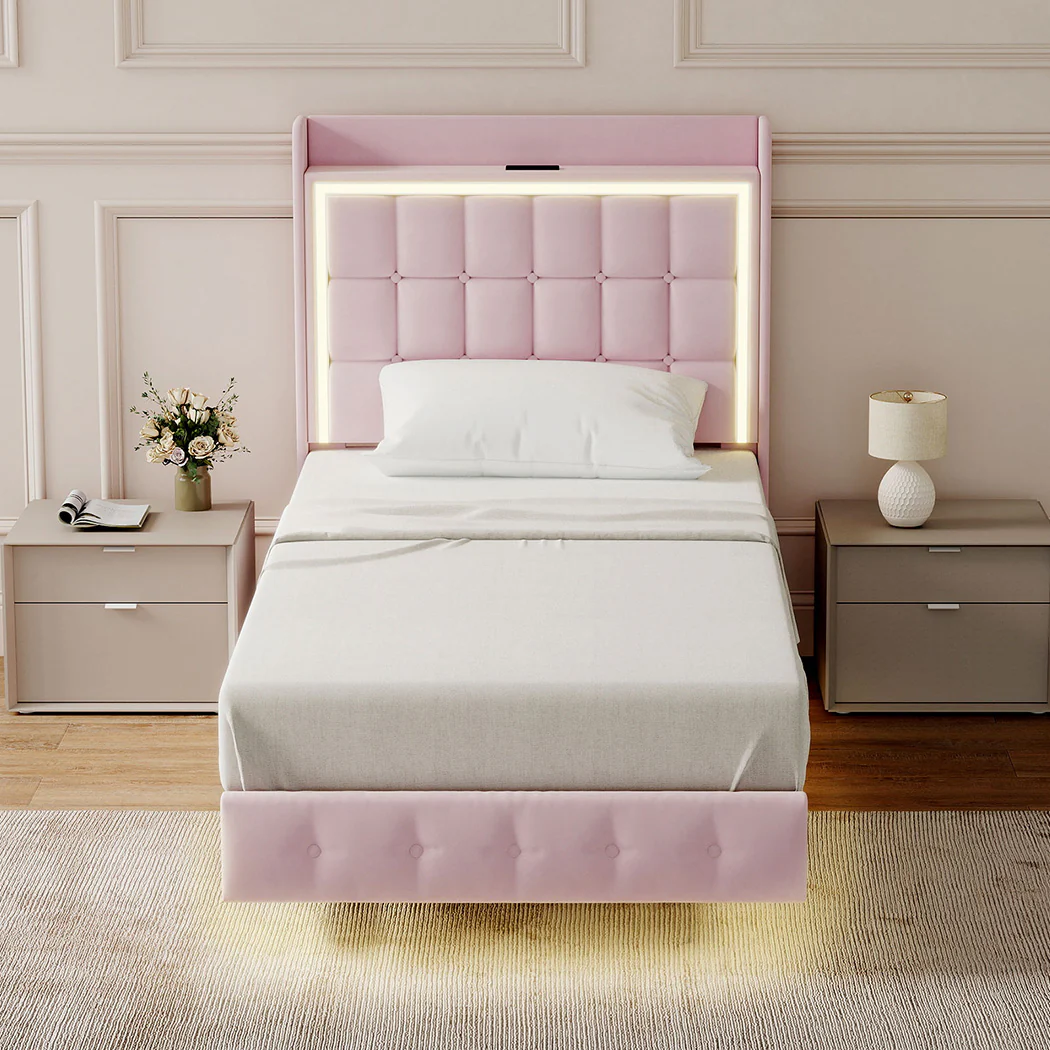Levede Single Floating Bed Frame LED Headboard USB Pink - Image 6