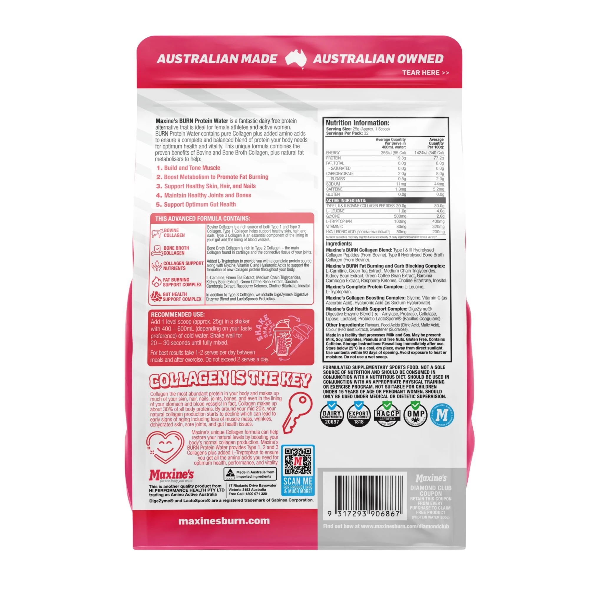 Maxines Burn Protein Water Refreshing Raspberry 800g x2