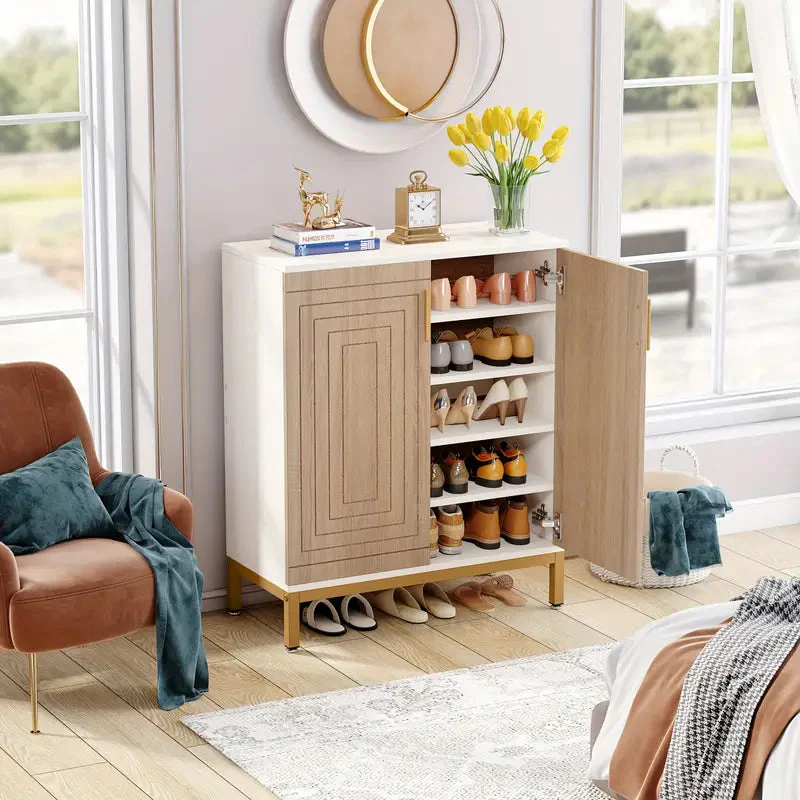 NNETMLT 5-Tier Shoe Cabinet with Geometric Pattern Doors-White/Natural - Image 4