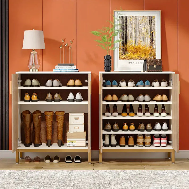 NNETMLT 5-Tier Shoe Cabinet with Geometric Pattern Doors-White/Natural - Image 7
