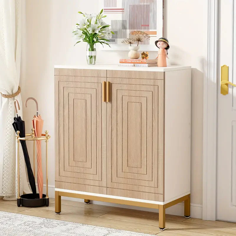 NNETMLT 5-Tier Shoe Cabinet with Geometric Pattern Doors-White/Natural - Image 9