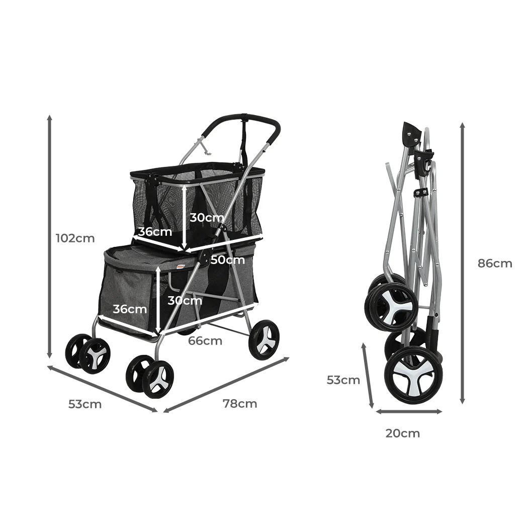 PaWz Pet Stroller 2-Tier Dog Cat Carrier Foldable - Image 2