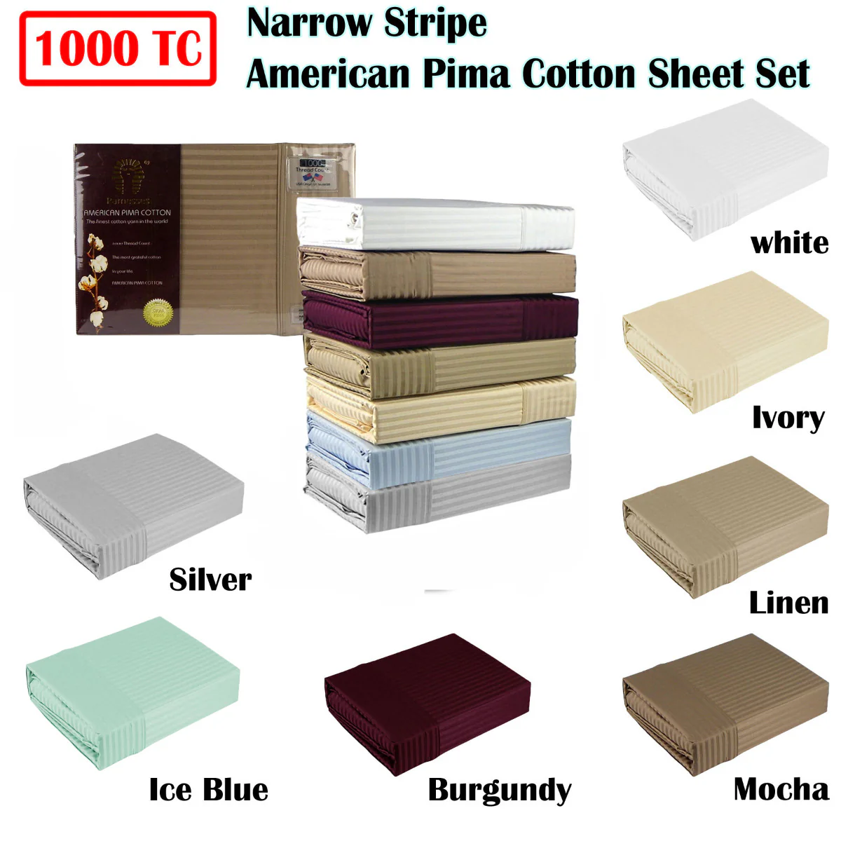 Ramesses 1000TC American Pima Cotton Narrow Stripe Sheet Set Ice Blue King - Image 2