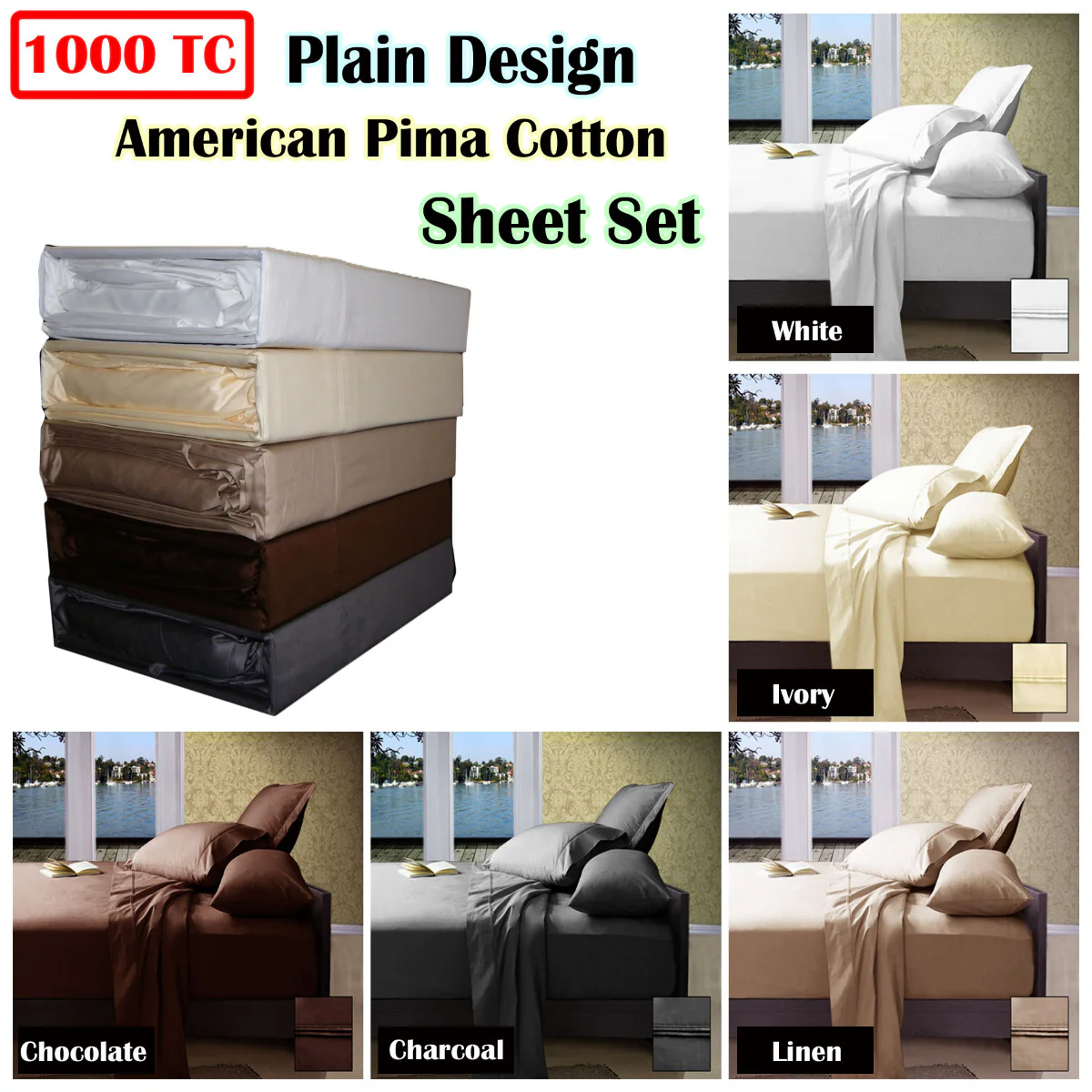 Ramesses 1000TC American Pima Cotton Plain Design Sheet Set Ivory Queen - Image 2
