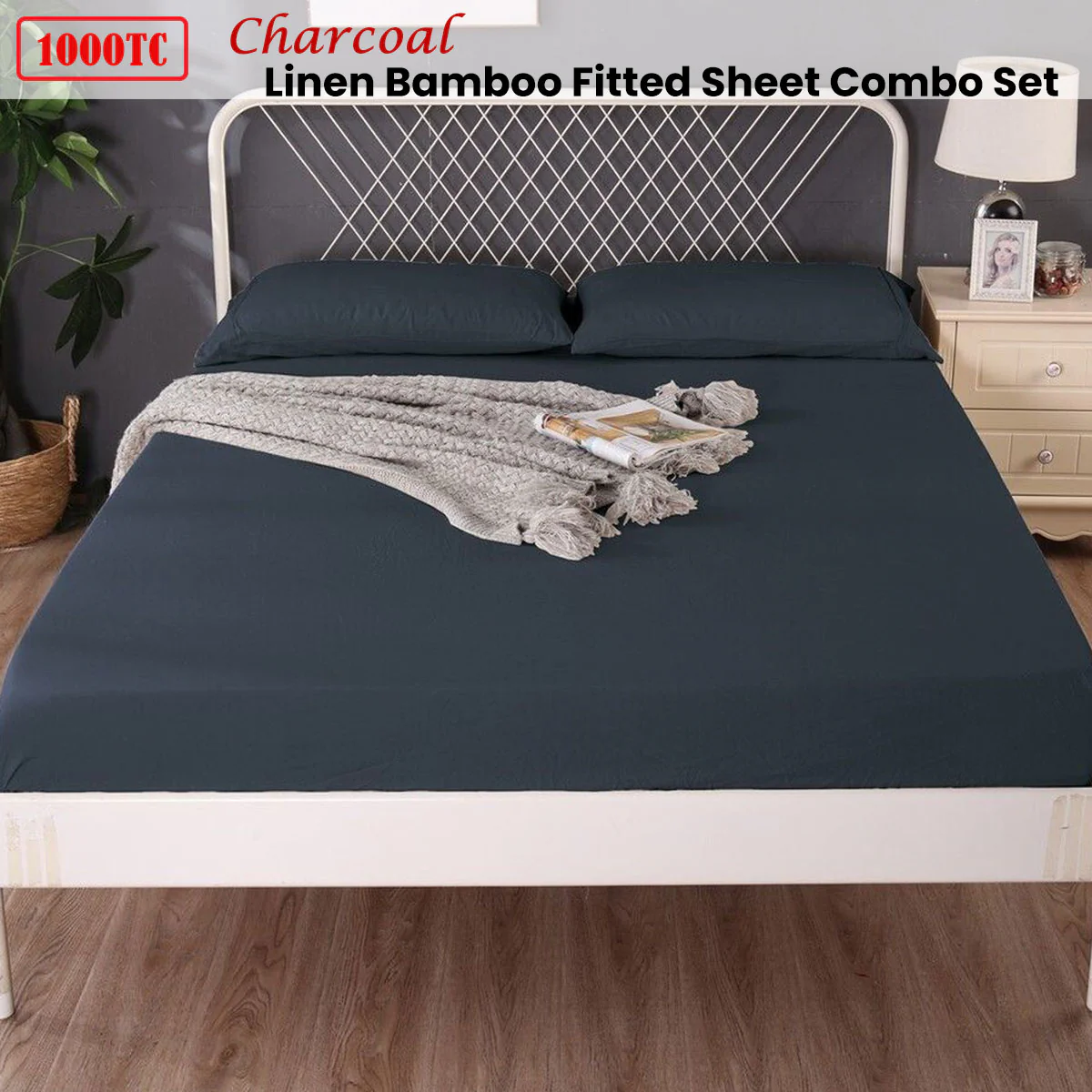 Ramesses 1000TC Linen Bamboo Fitted Sheet Combo Set Charcoal Single - Image 2