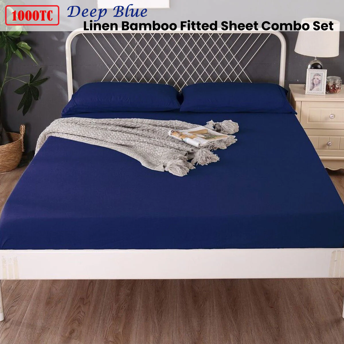 Ramesses 1000TC Linen Bamboo Fitted Sheet Combo Set Deep Blue Queen - Image 2