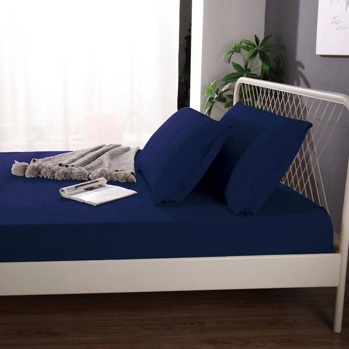 Ramesses 1000TC Linen Bamboo Fitted Sheet Combo Set Deep Blue Queen - Image 3