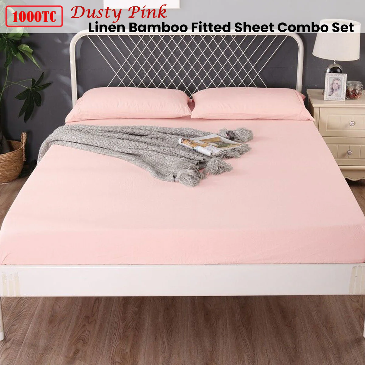 Ramesses 1000TC Linen Bamboo Fitted Sheet Combo Set Dusty Pink Single - Image 2