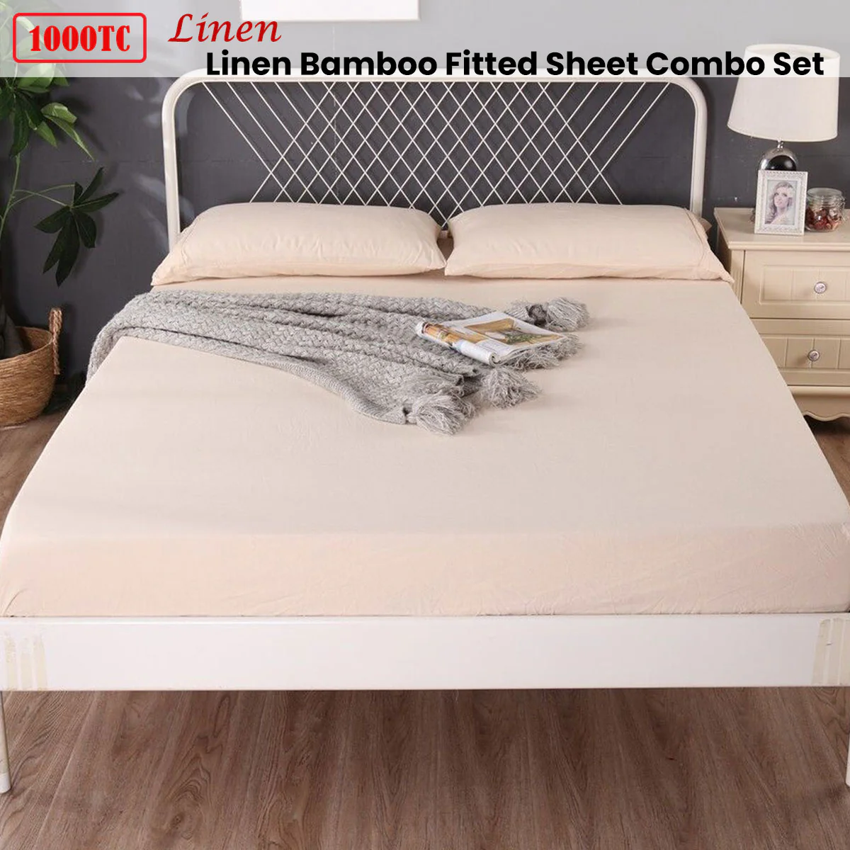 Ramesses 1000TC Linen Bamboo Fitted Sheet Combo Set Linen Queen - Image 2
