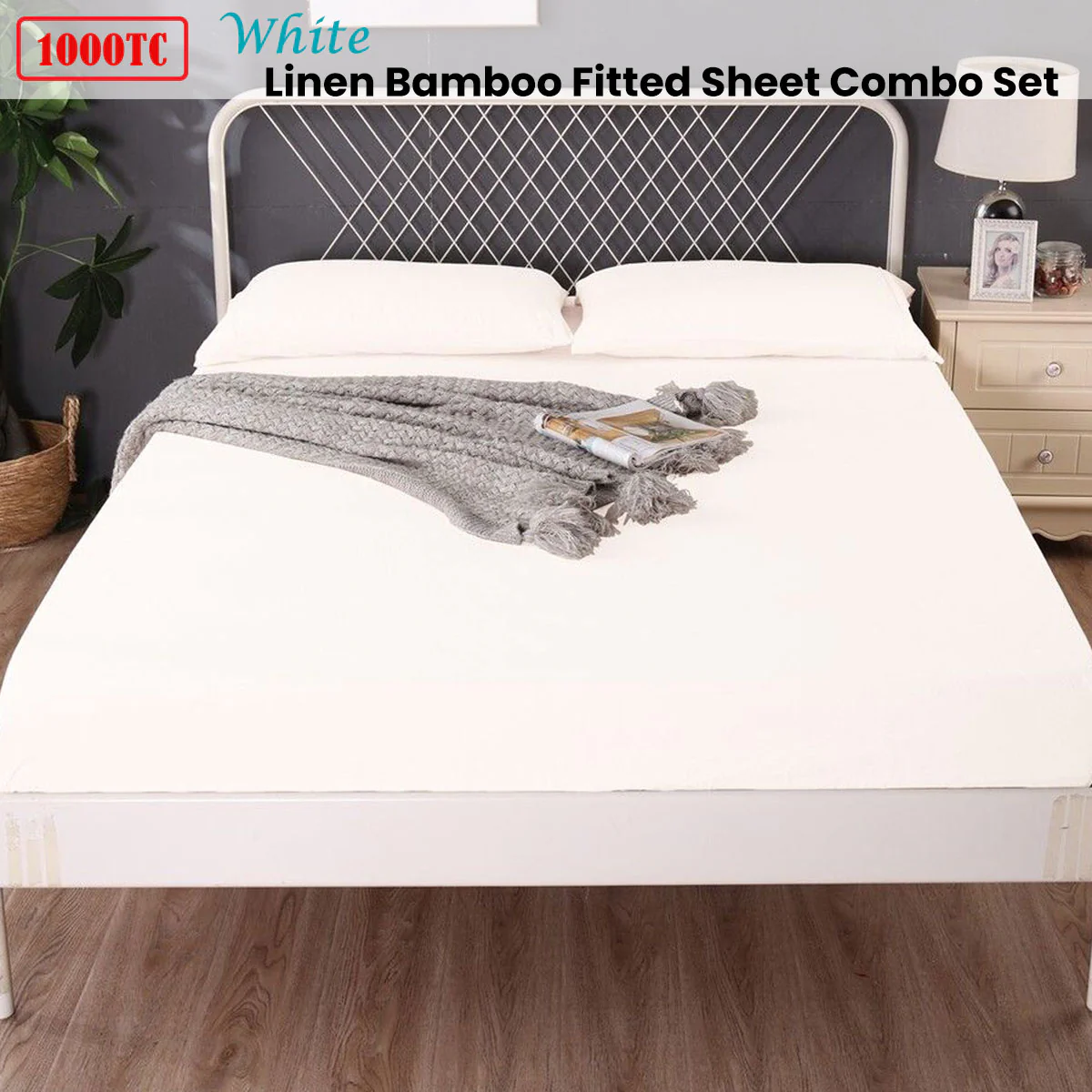 Ramesses 1000TC Linen Bamboo Fitted Sheet Combo Set White Queen - Image 2