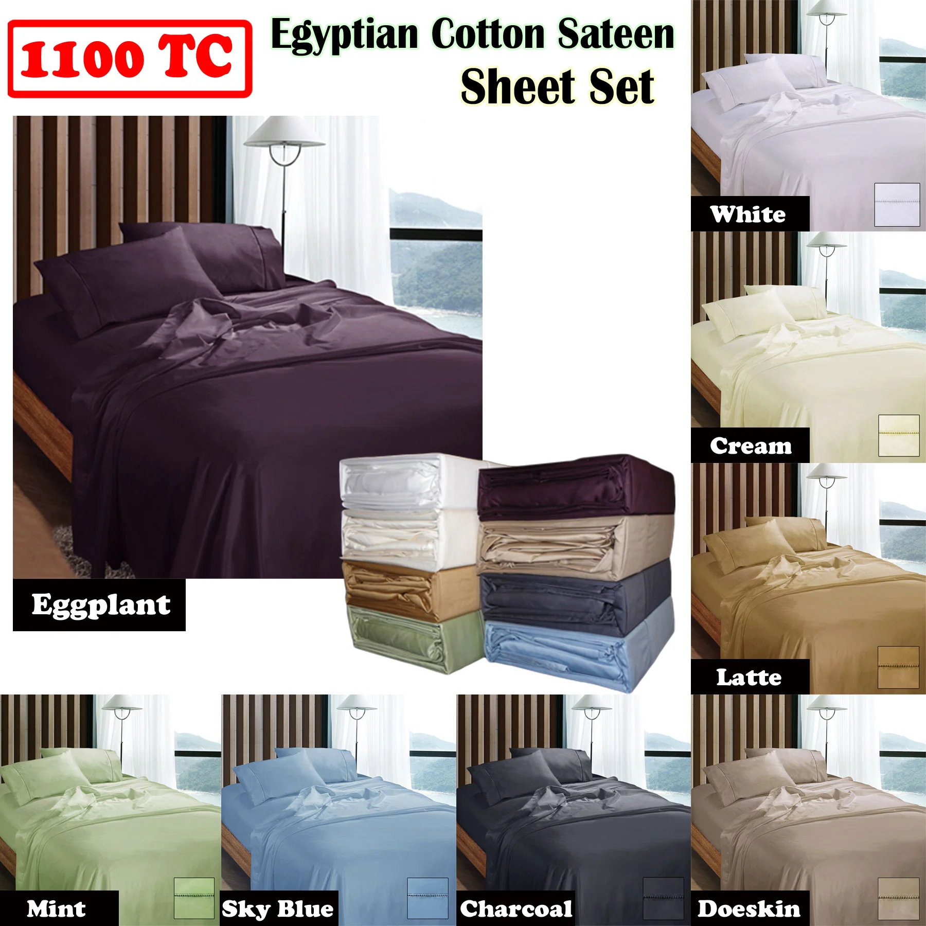 Ramesses 1100TC Egyptian Cotton Sateen Sheet Set Mint Queen - Image 2