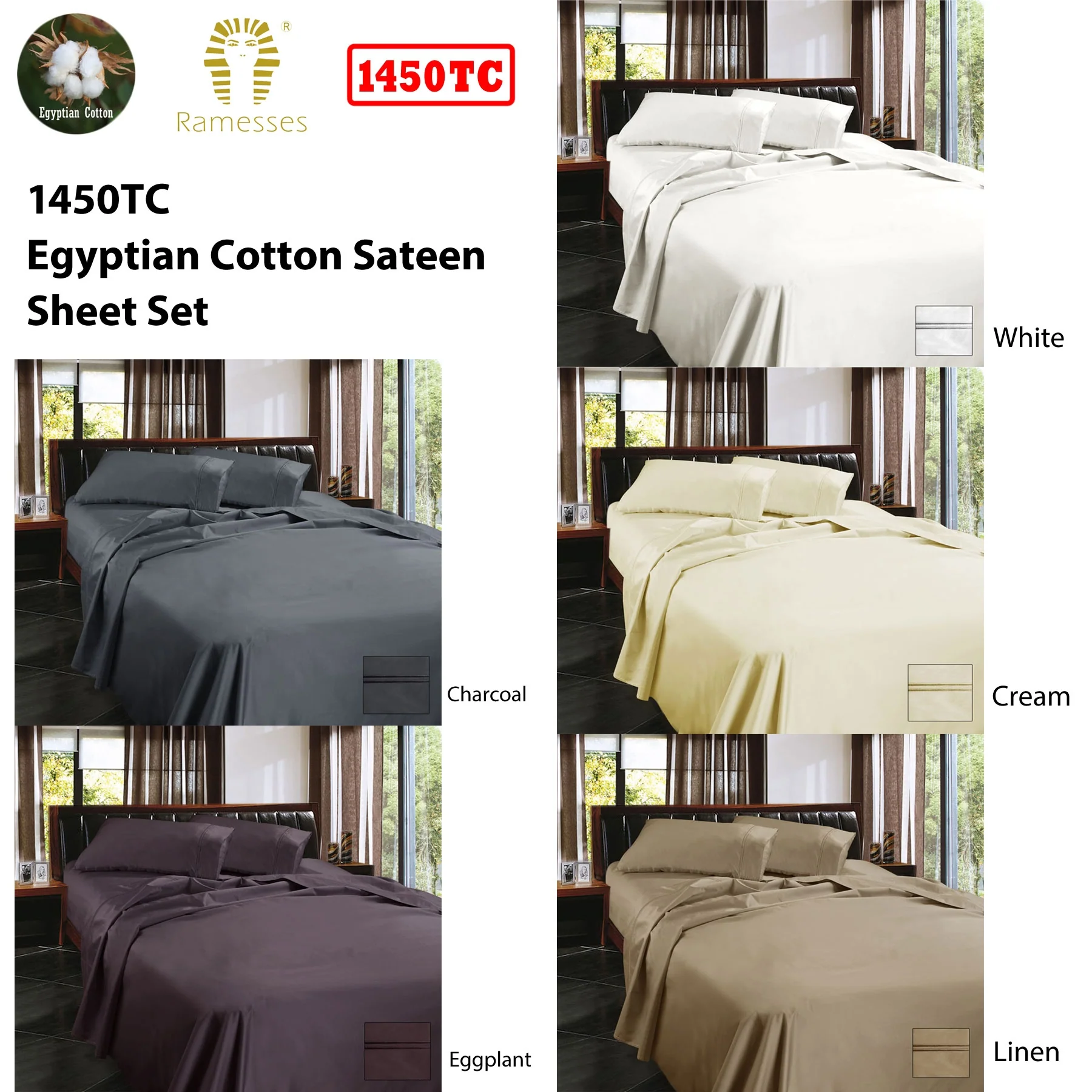 Ramesses 1450TC Egyptian Cotton Sateen Sheet Set Eggplant Queen - Image 2