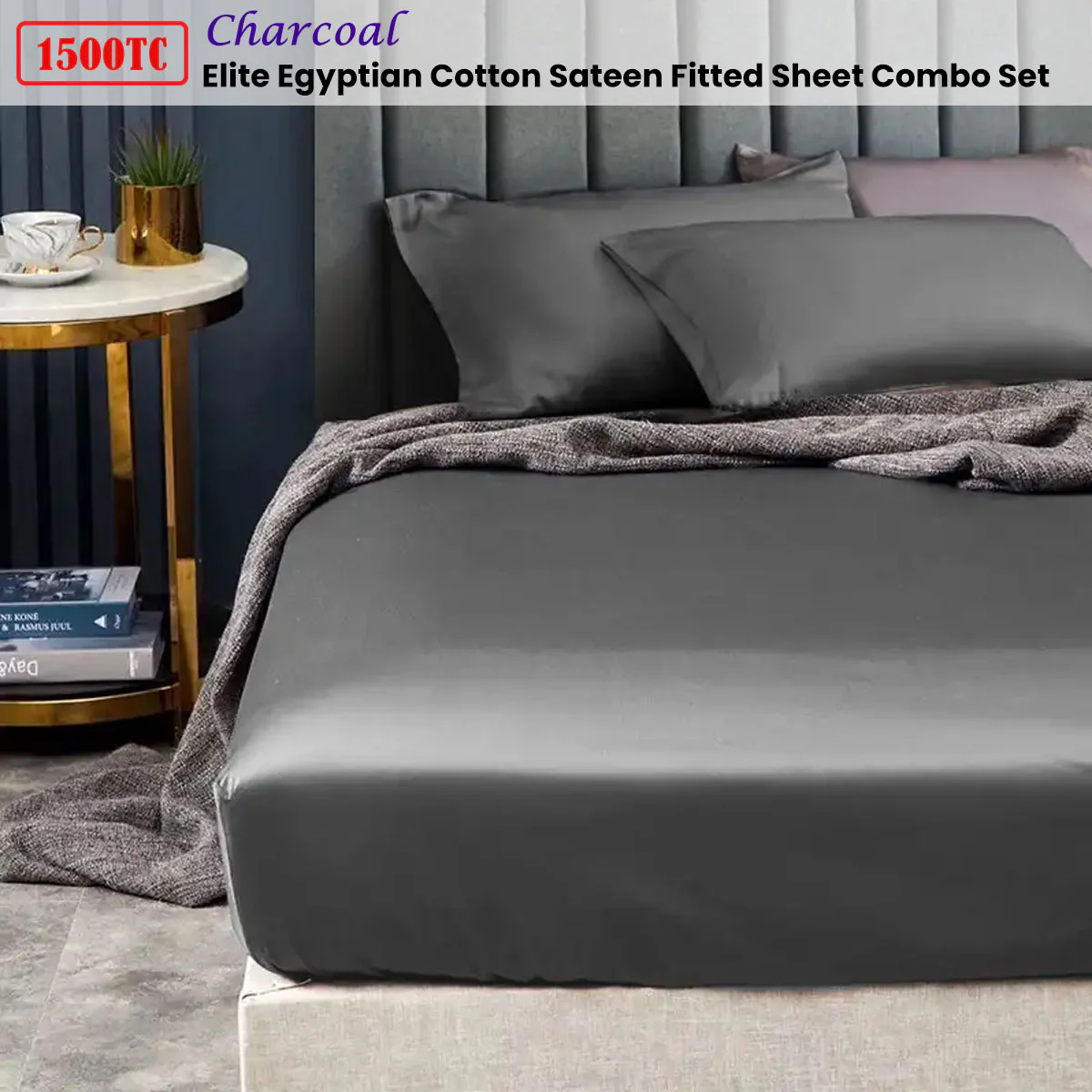 Ramesses 1500TC Elite Egyptian Cotton Sateen Fitted Sheet Combo Set Charcoal Single - Image 2
