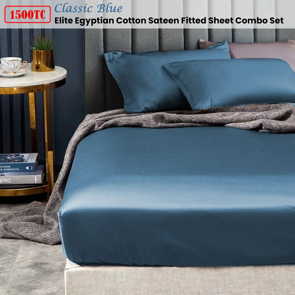 Ramesses 1500TC Elite Egyptian Cotton Sateen Fitted Sheet Combo Set Classic Blue King Single - Image 2