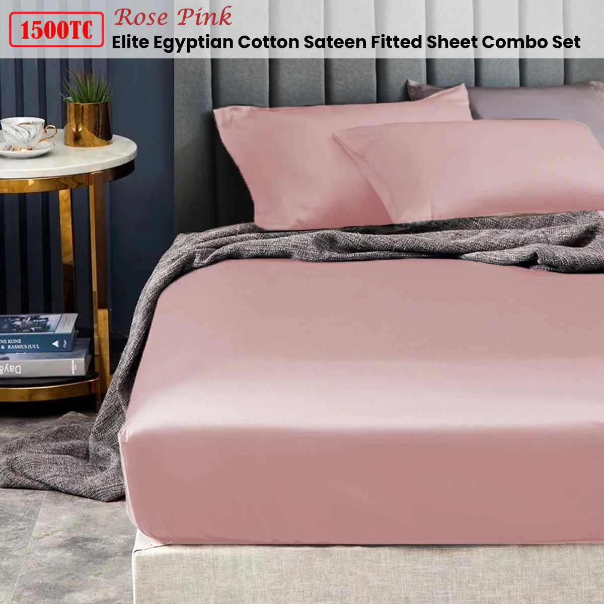 Ramesses 1500TC Elite Egyptian Cotton Sateen Fitted Sheet Combo Set Rose Pink Queen - Image 2