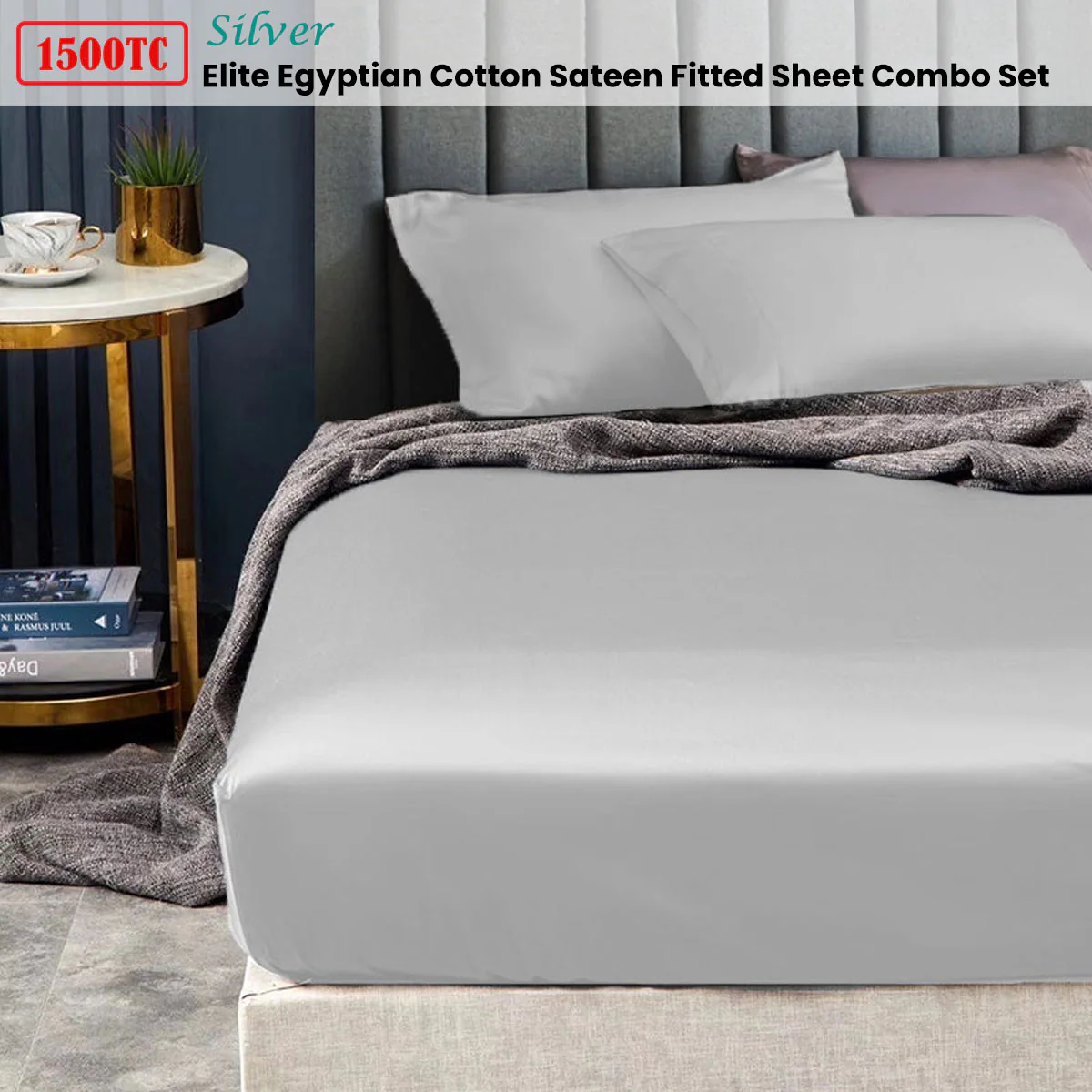 Ramesses 1500TC Elite Egyptian Cotton Sateen Fitted Sheet Combo Set Silver Queen - Image 2
