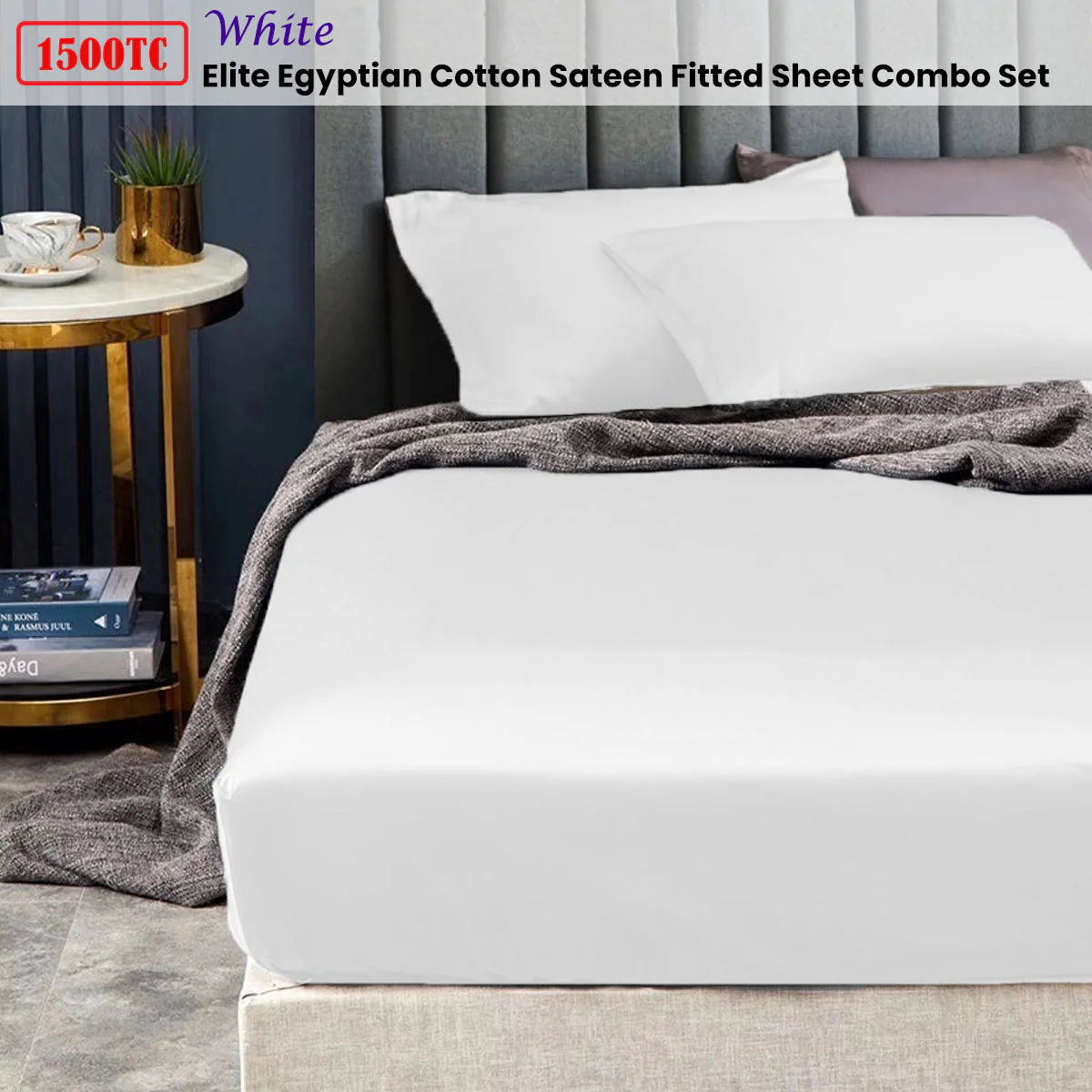 Ramesses 1500TC Elite Egyptian Cotton Sateen Fitted Sheet Combo Set White Double - Image 2