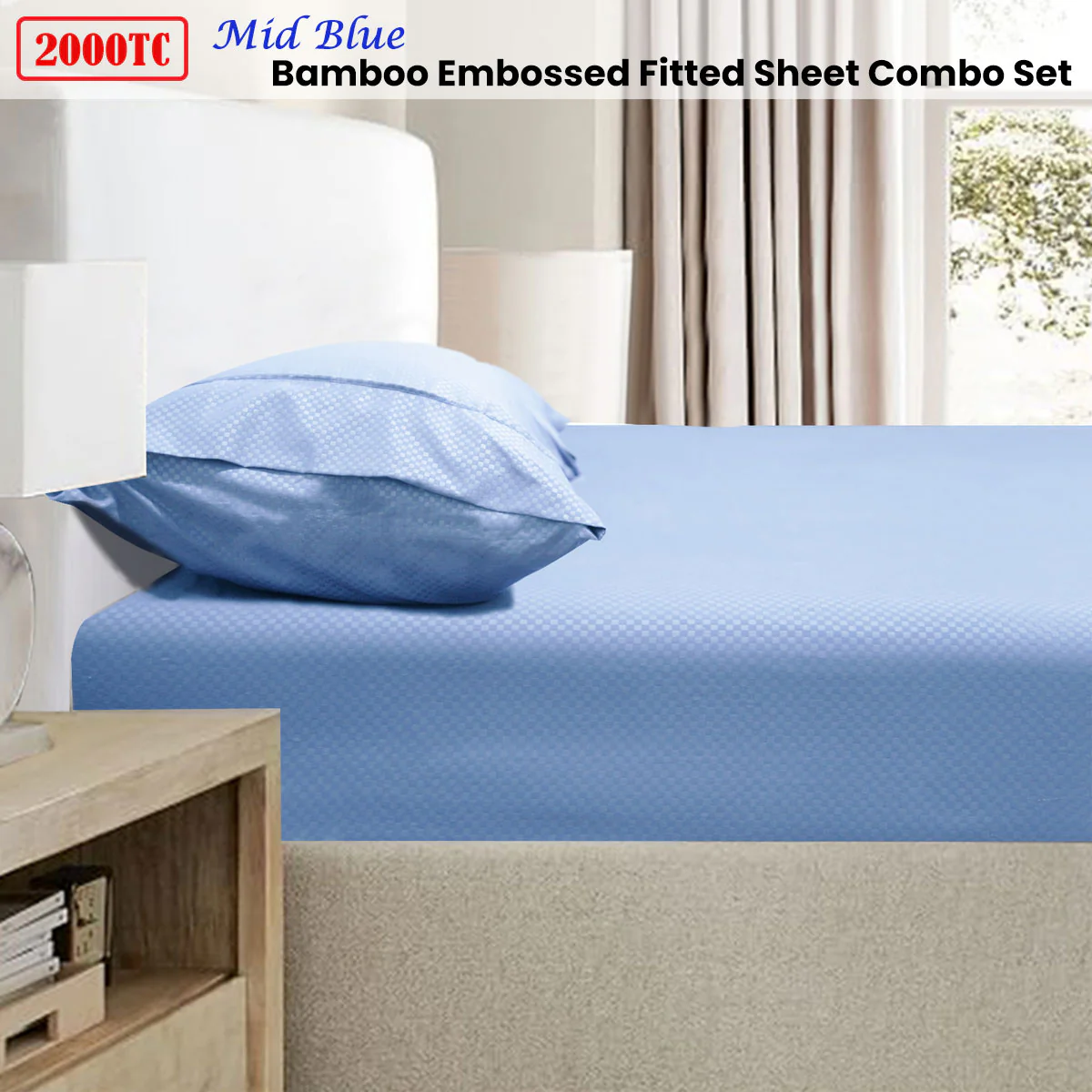 Ramesses 2000TC Bamboo Embossed Fitted Sheet Combo Set Mid Blue King - Image 2