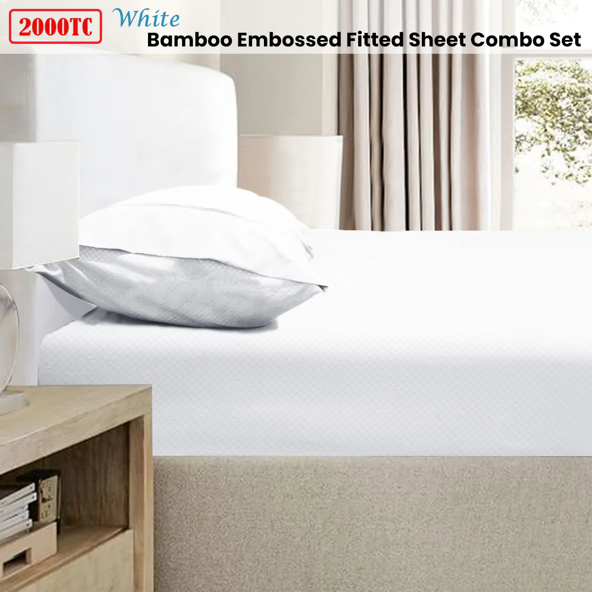 Ramesses 2000TC Bamboo Embossed Fitted Sheet Combo Set White King - Image 2