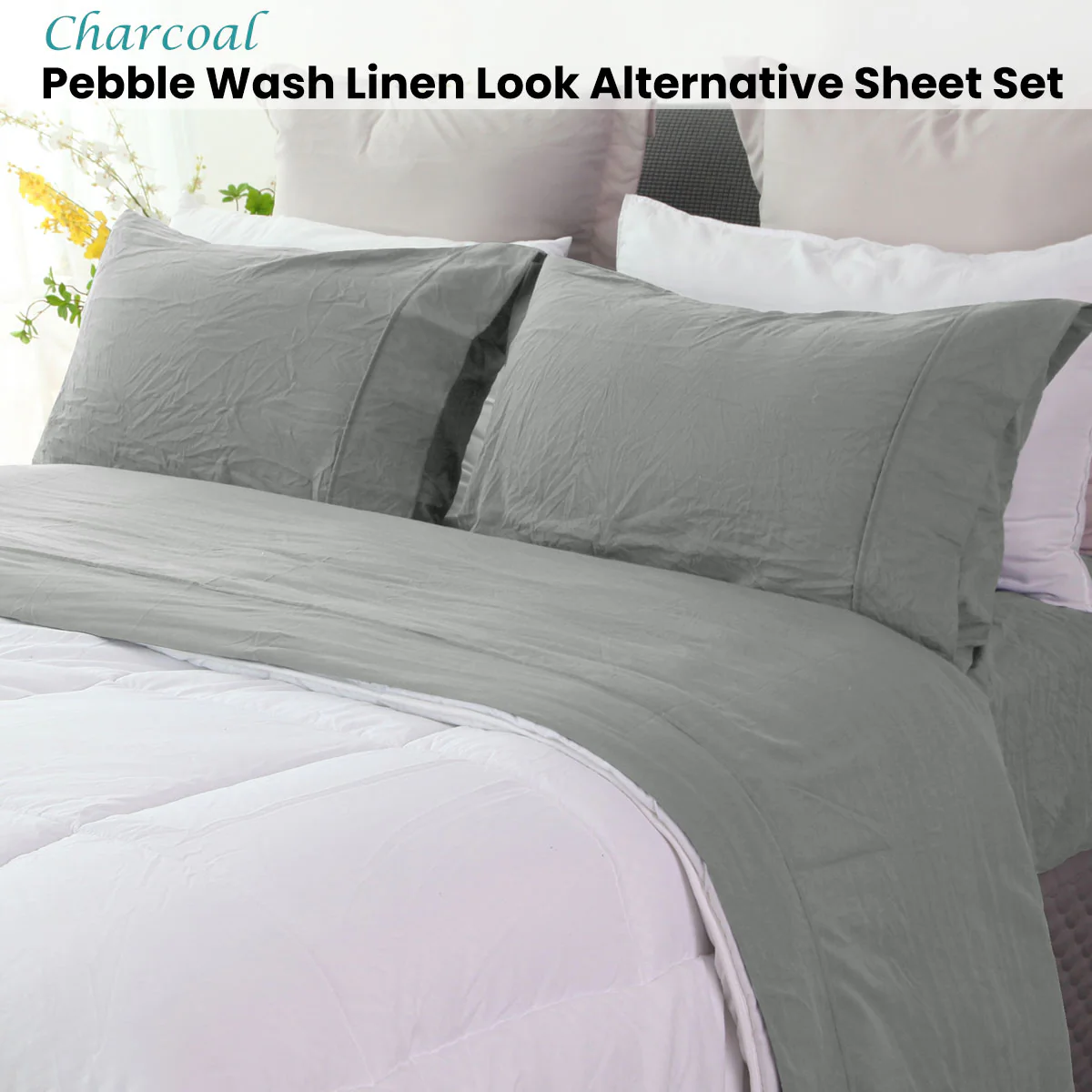 Ramesses Charcoal Pebble Wash Linen Look Alternative Sheet Set Queen - Image 2