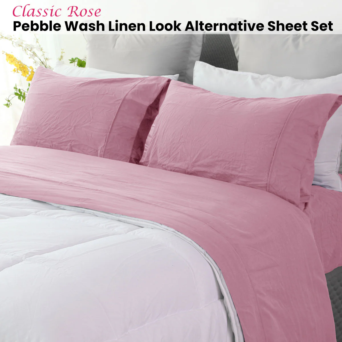 Ramesses Classic Rose Pebble Wash Linen Look Alternative Sheet Set Single - Image 2