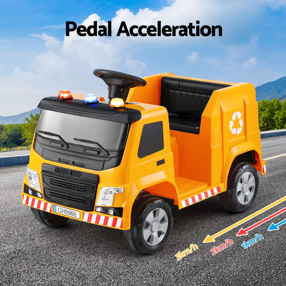 Rigo Kids Ride On Car Garbage Truck Police Light 12V Electric Toys Cars Yellow - Image 6