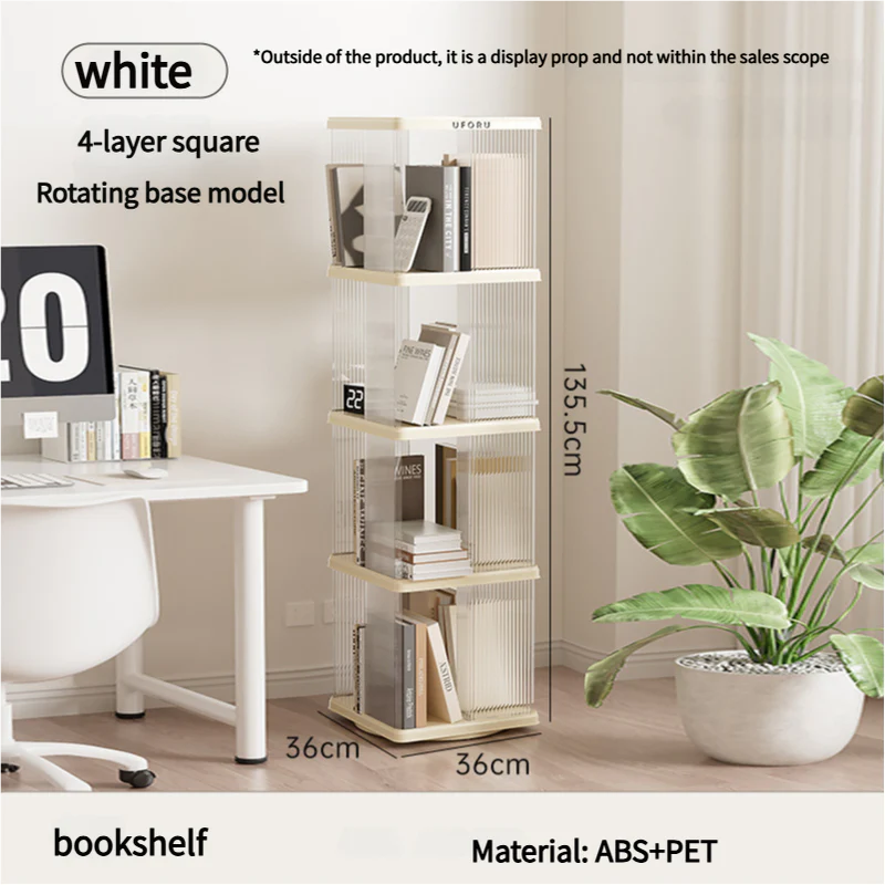 Rotating storage bookshelf square four layers- Cream White Multi-Layer Storage Rack, 36x36x135.5cm (ABS+PET) - Image 2
