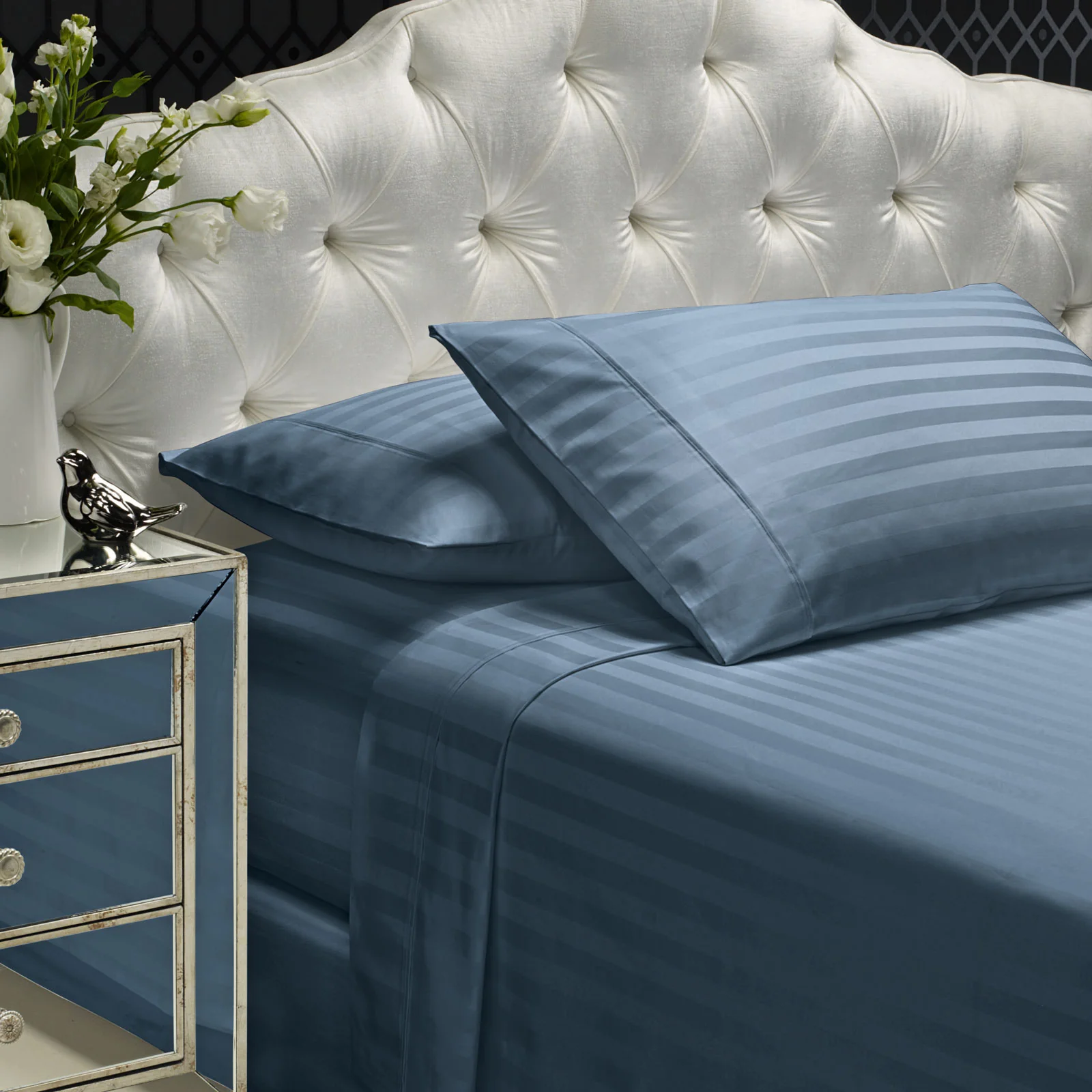 Royal Comfort 1200 Thread count Damask Stripe Cotton Blend sheet sets King Blue Fog - Image 5