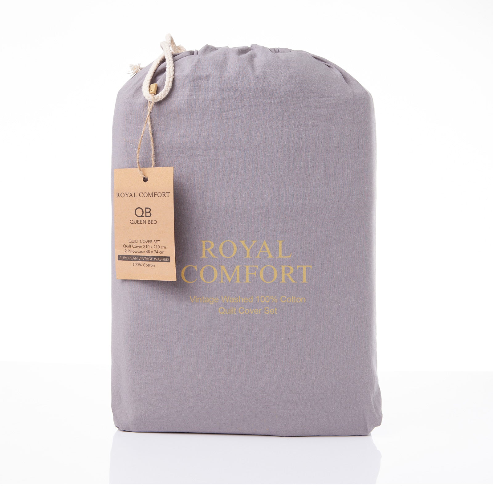 Royal Comfort Vintage Washed 100 % Cotton Quilt Cover Set Queen - Grey - Image 2