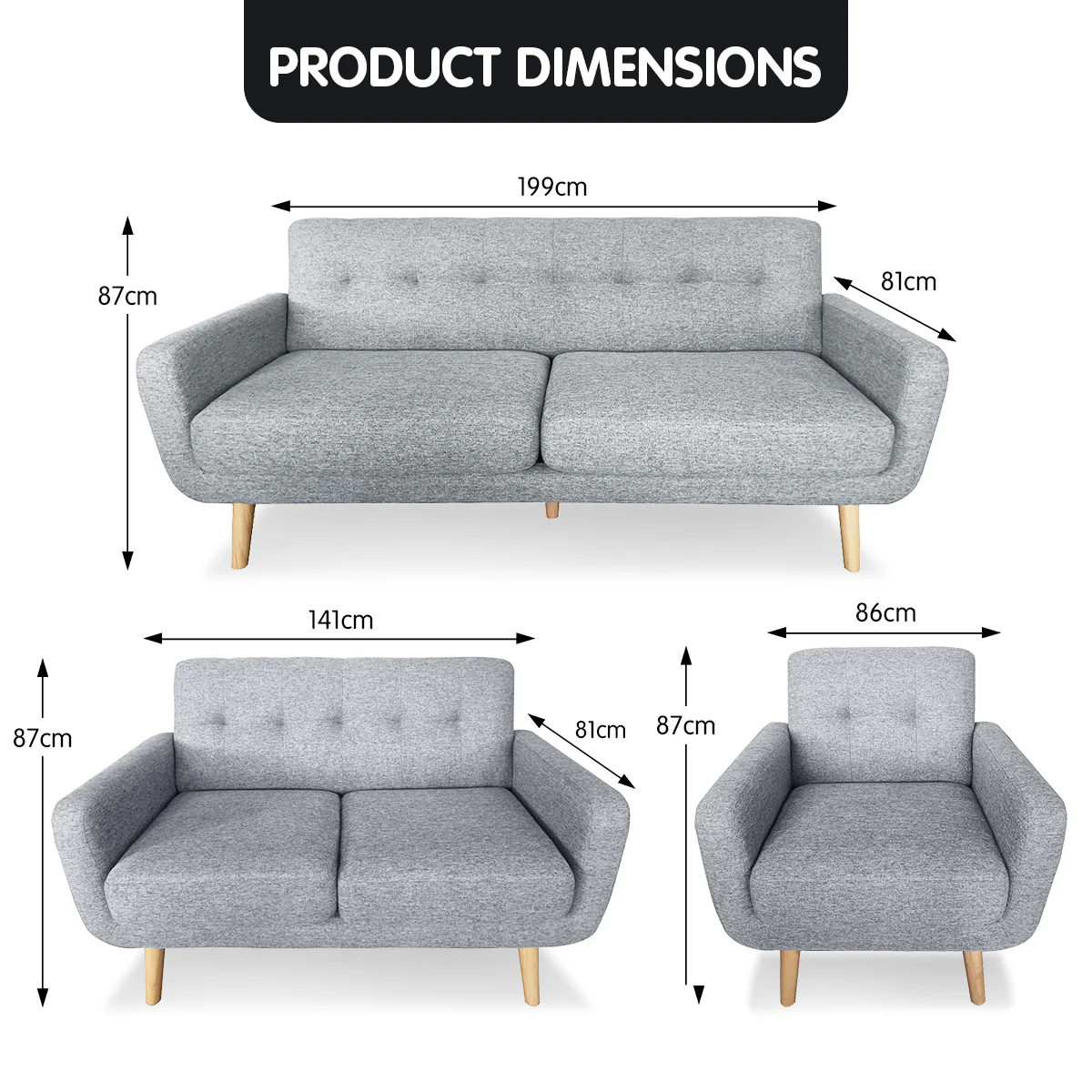 Sarantino 6-Seater Linen Sofa Set Couch Futon - Light Grey - Image 10