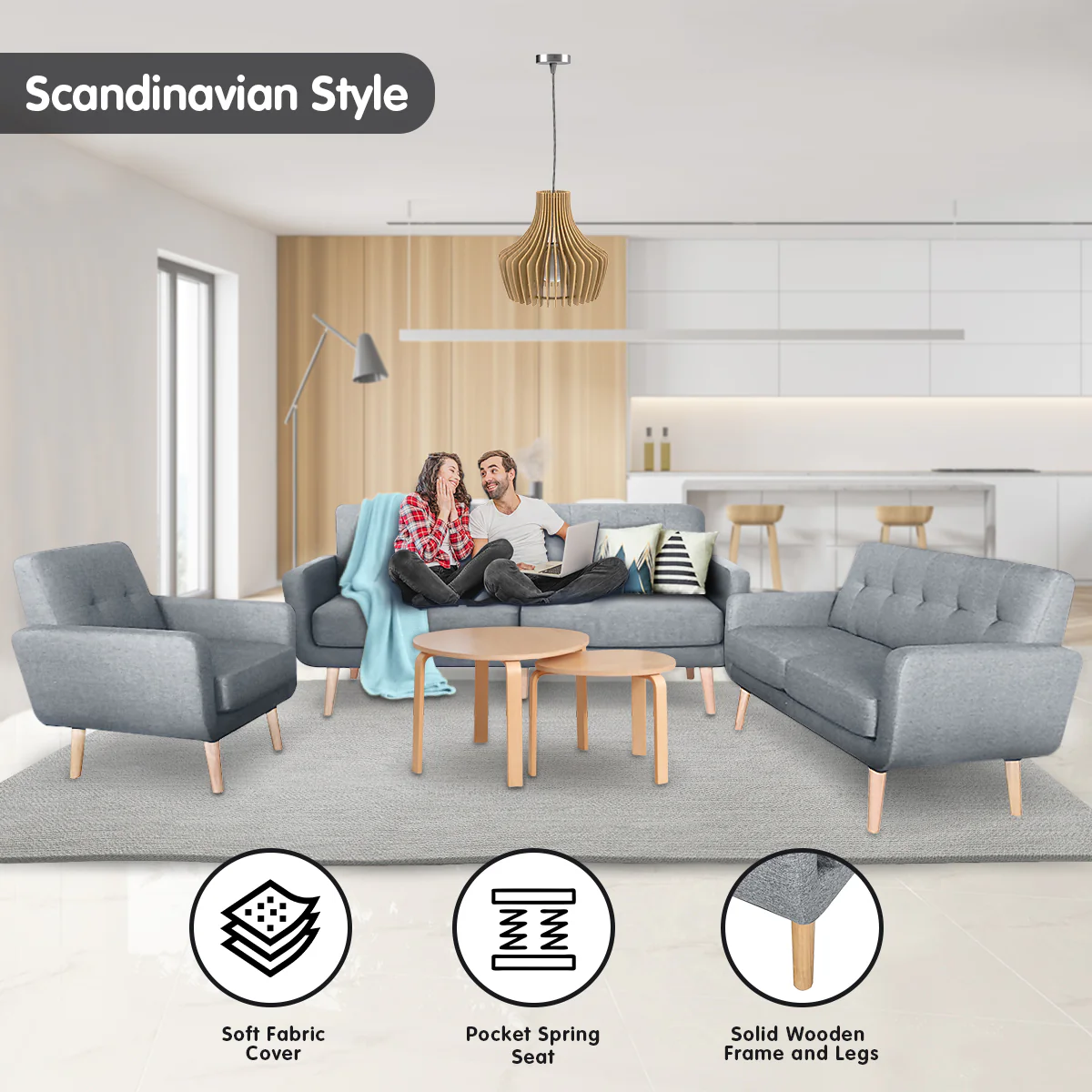 Sarantino 6-Seater Linen Sofa Set Couch Futon - Light Grey - Image 11