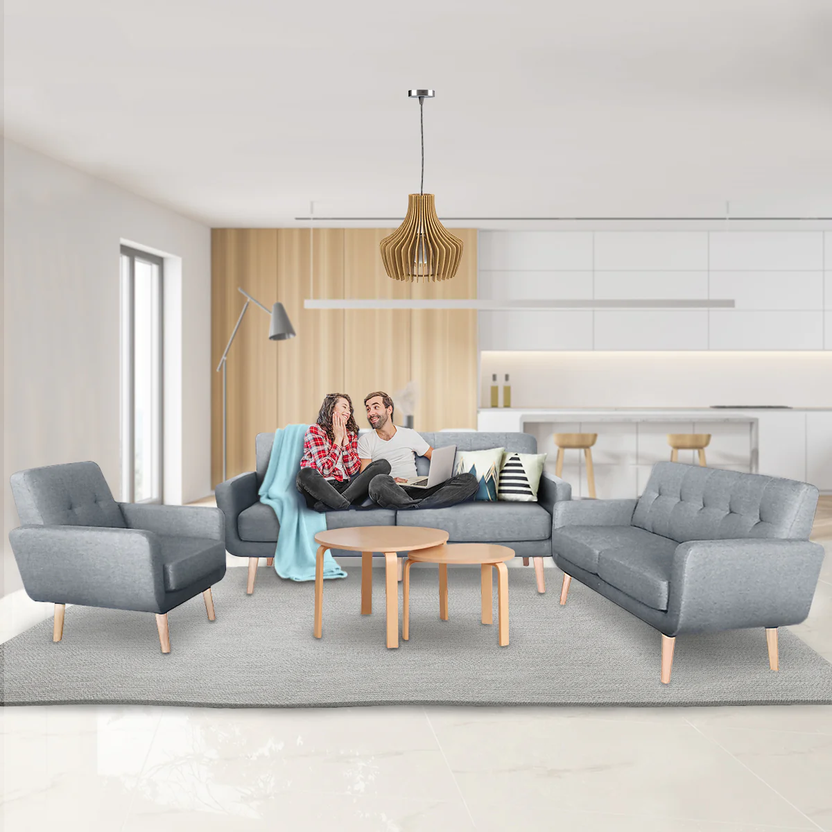 Sarantino 6-Seater Linen Sofa Set Couch Futon - Light Grey - Image 12