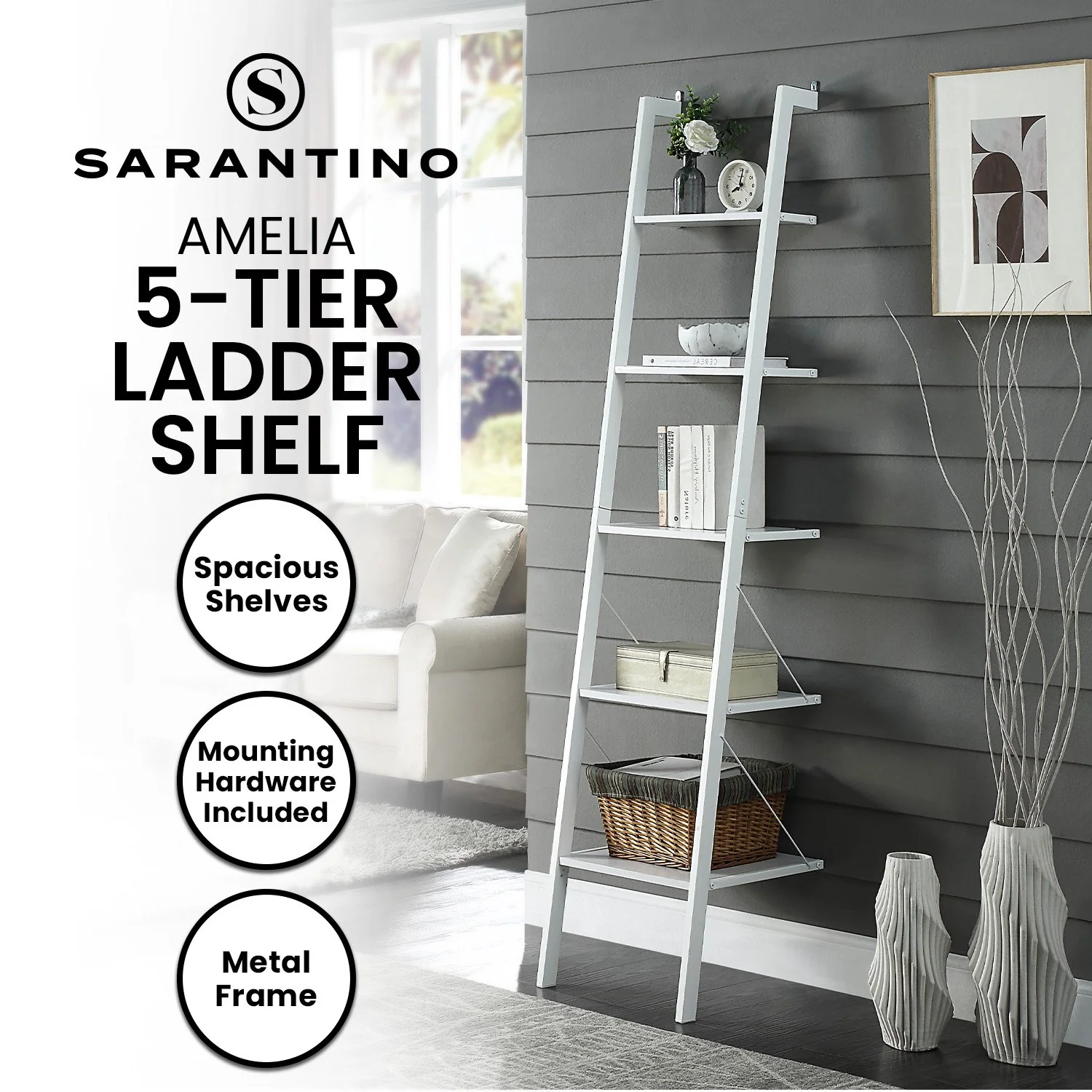 Sarantino Amelia 5-Tier Ladder Shelf in White - Image 11