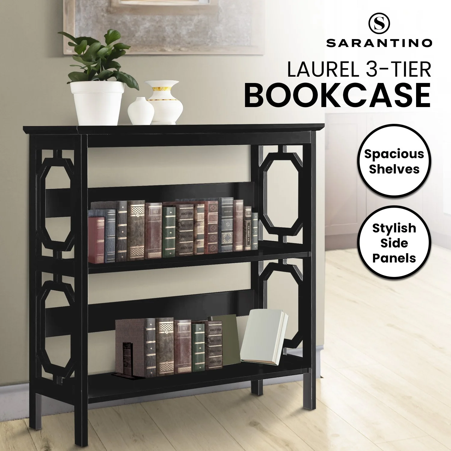 Sarantino Laurel 3-Tier Bookshelf Display Rack in Black - Image 10