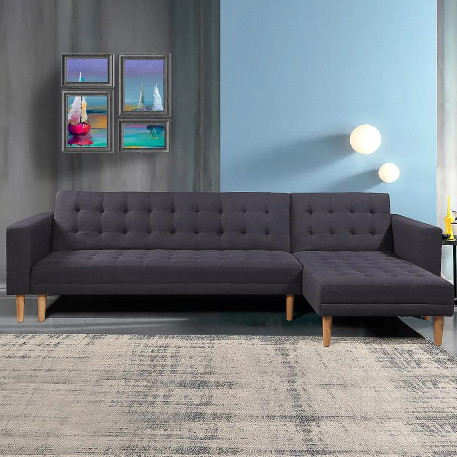 Sarantino Linen Fabric Corner Sofa Bed Couch Lounge With Chaise Furniture - Dark Grey - Image 4