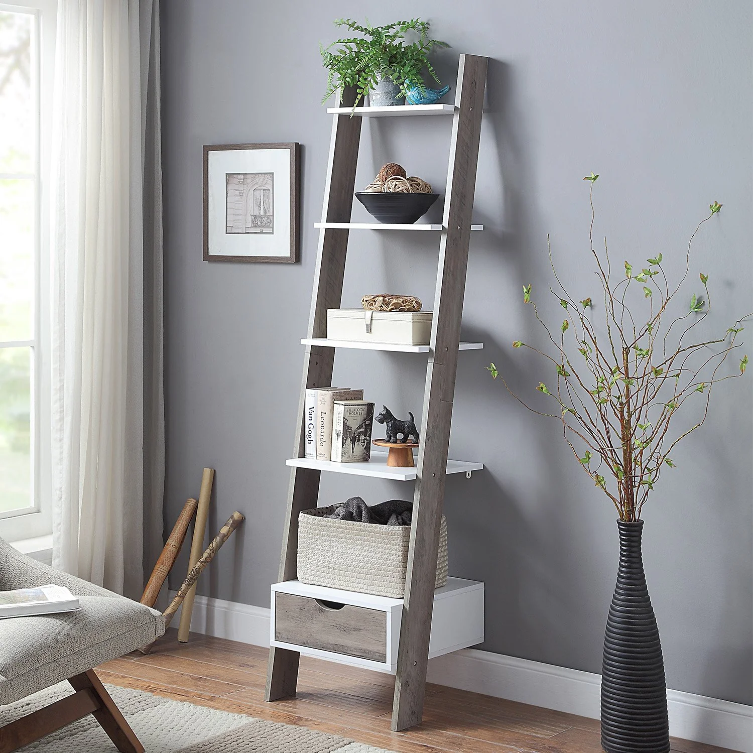 Sarantino Mira 5-tier Ladder Shelf In White And Grey Oak - Image 10